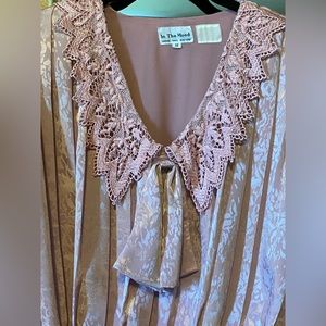 Vintage In the Mood pink pleated, lace, brocade shimmery blouse
